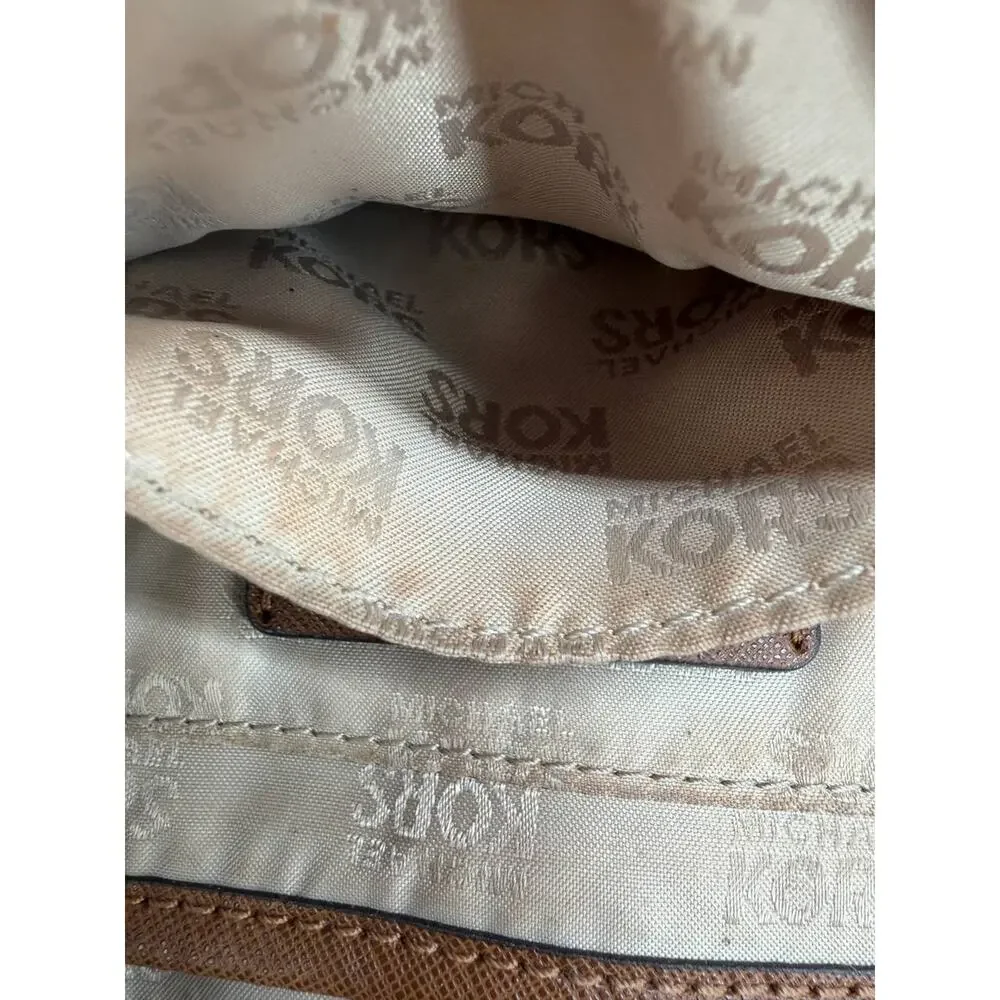 Michael Kors MK Logo Backpack Brown Tan Canvas Leather Trim Small Backpack